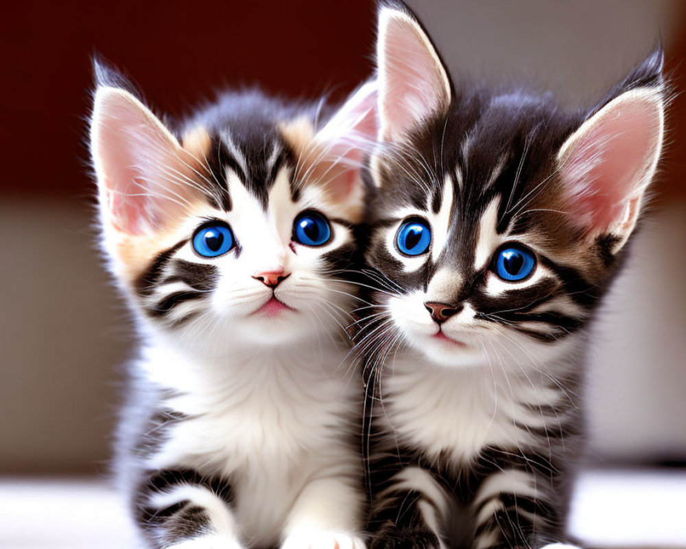 Two Kittens with Blue Eyes and Black & White Fur Sitting Together