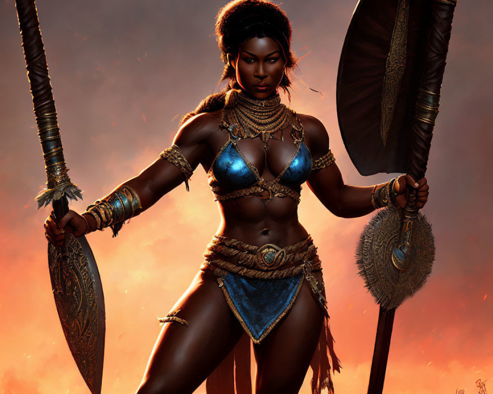 Dark-skinned warrior woman in blue and gold armor with spear and shield on fiery background