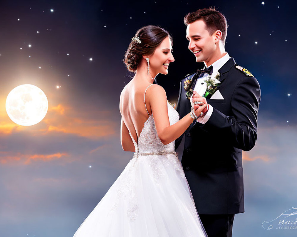 Bride and groom in elegant wedding attire under starry night sky