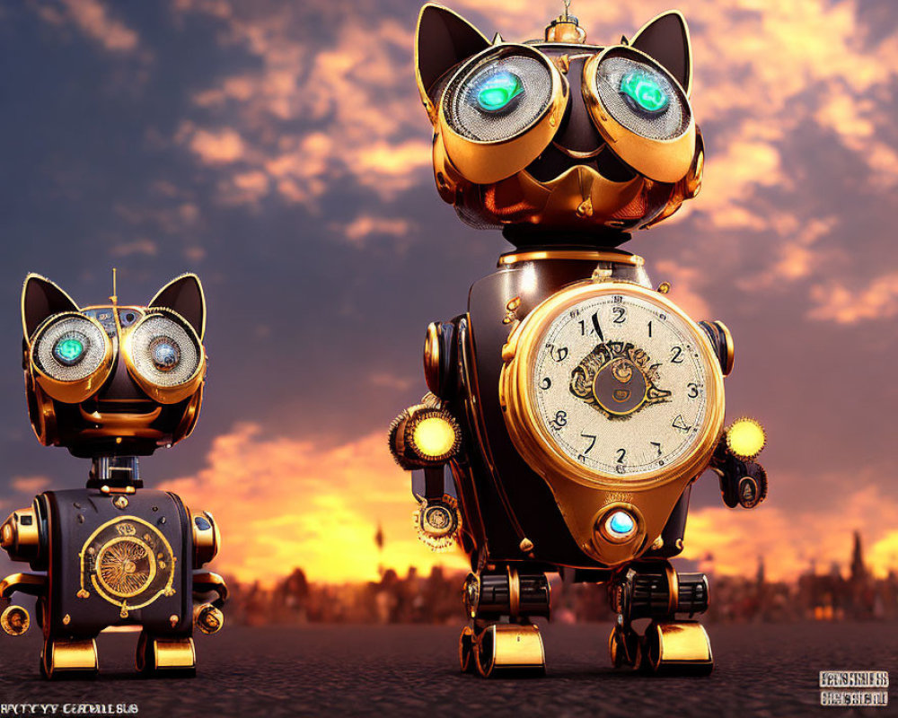 Steampunk-style robotic owls at sunset sky