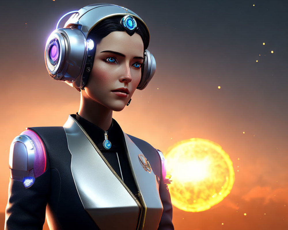 Futuristic woman in advanced uniform with headphones at sunset