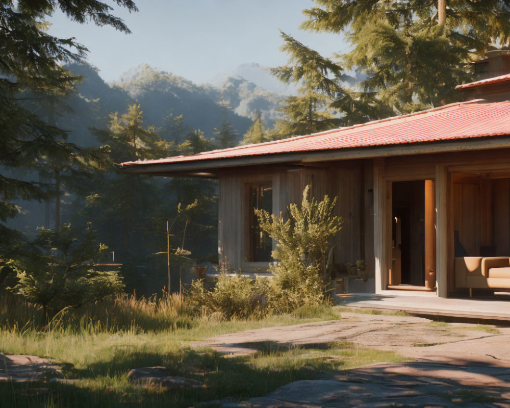 Glass facade cabin nestled among lush trees with distant mountains.