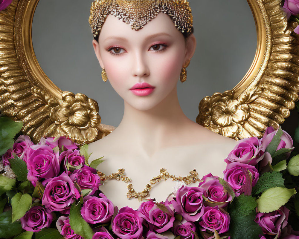 Elegant woman with golden headpiece and pink roses in golden frame