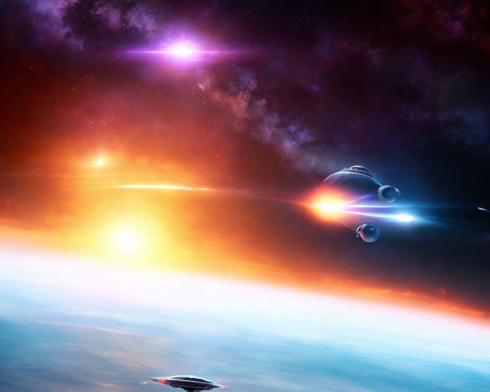 Colorful space scene with spaceships, planet, sun, and nebulas.