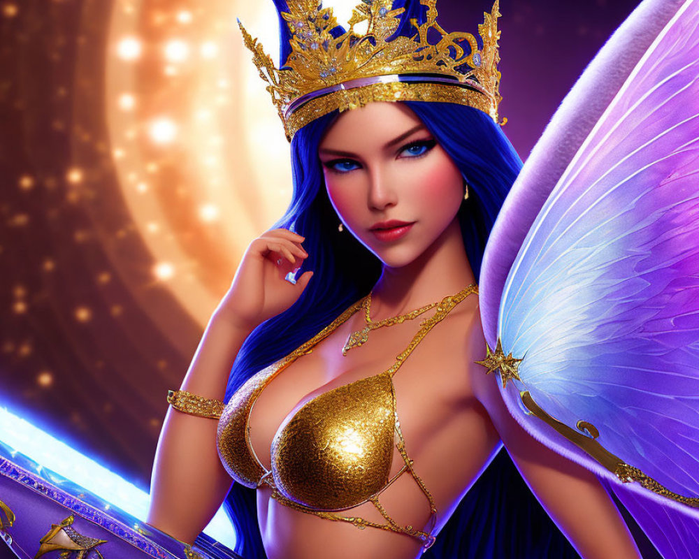 Fantasy female character with blue hair and gold crown in digital artwork