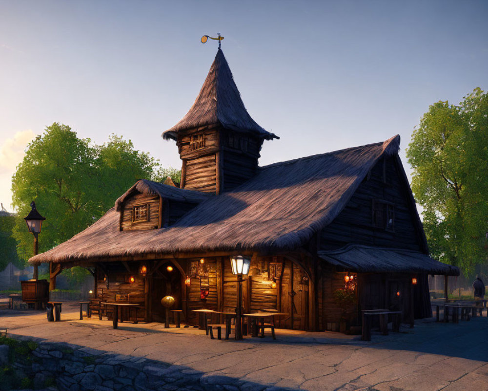 Rustic wooden tavern with thatched roof and lantern-lit windows