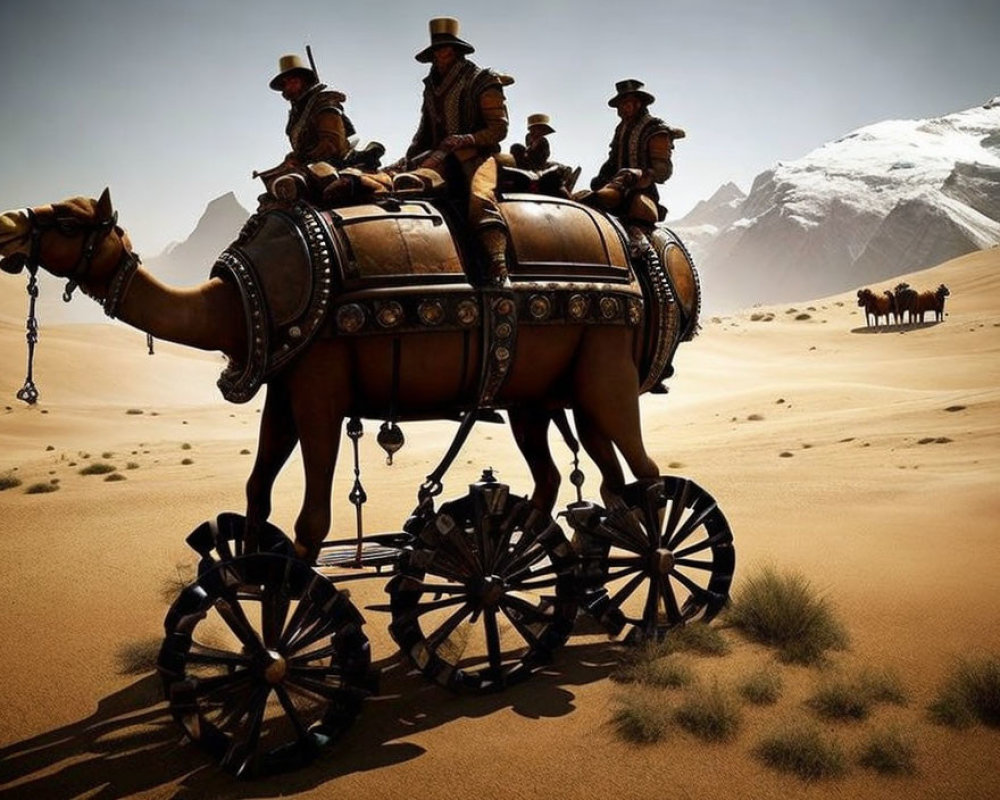 People riding camel-driven carriage in desert with snowy mountain.