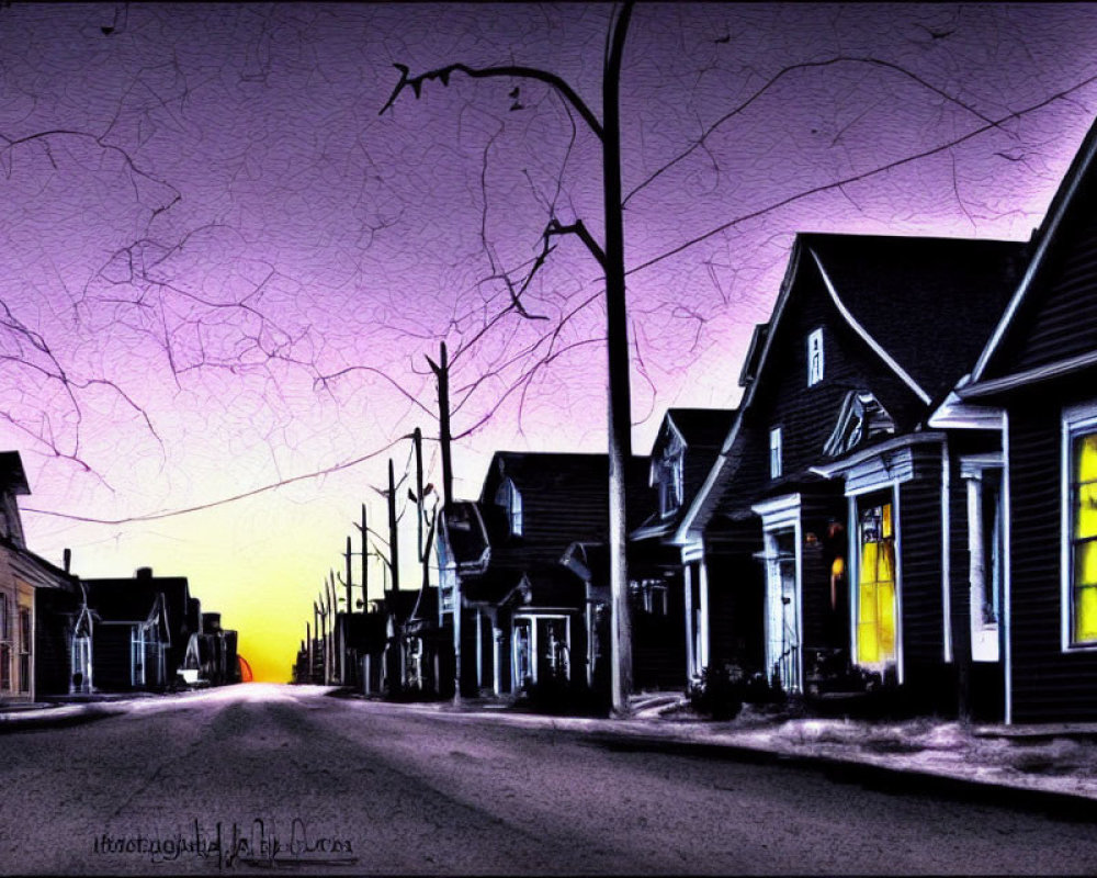 Digital artwork: Quiet suburban street at dusk, houses, bare tree, purple sky