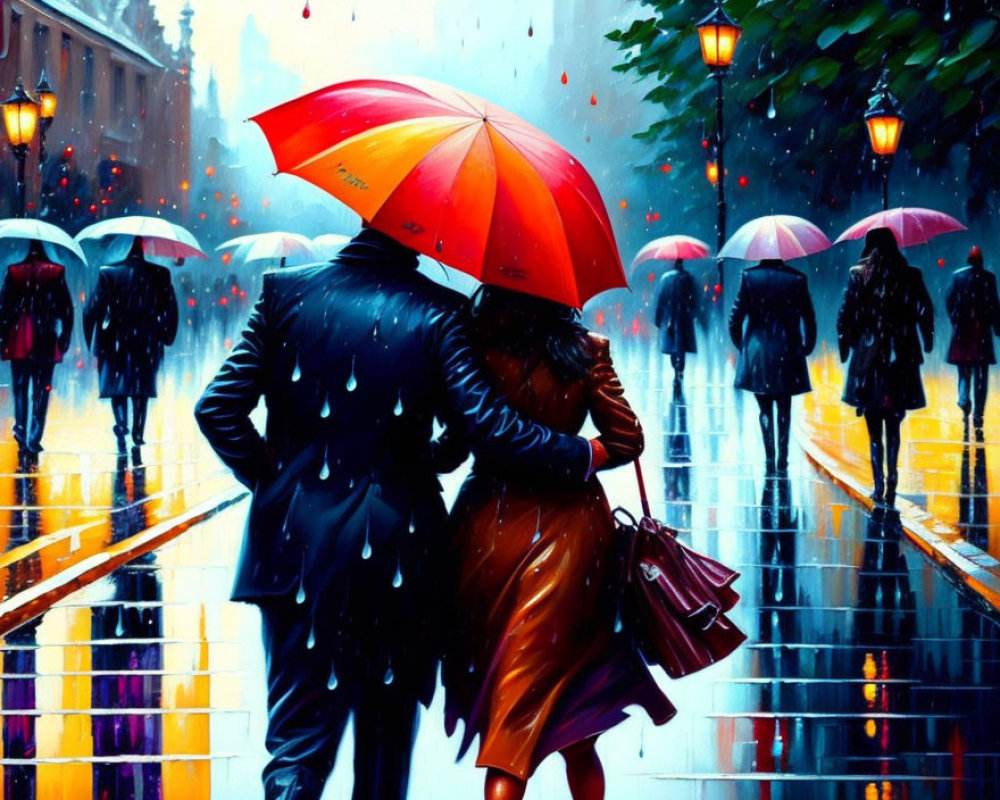 Colorful painting of couple under red umbrella in rainy city scene