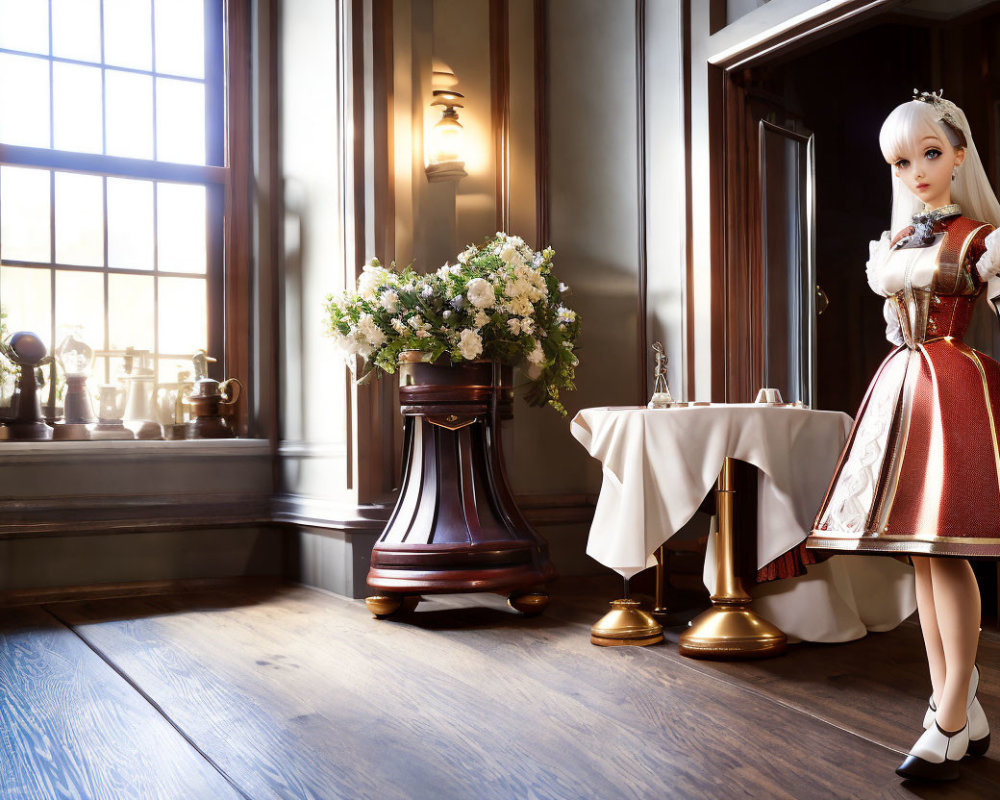 Photorealistic doll in medieval costume in elegant vintage room