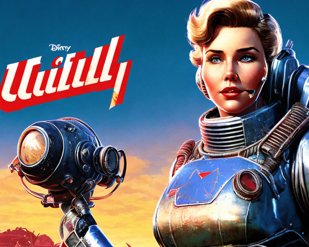 Retro-futuristic poster with woman in space suit and robot, "Utility" in stylized