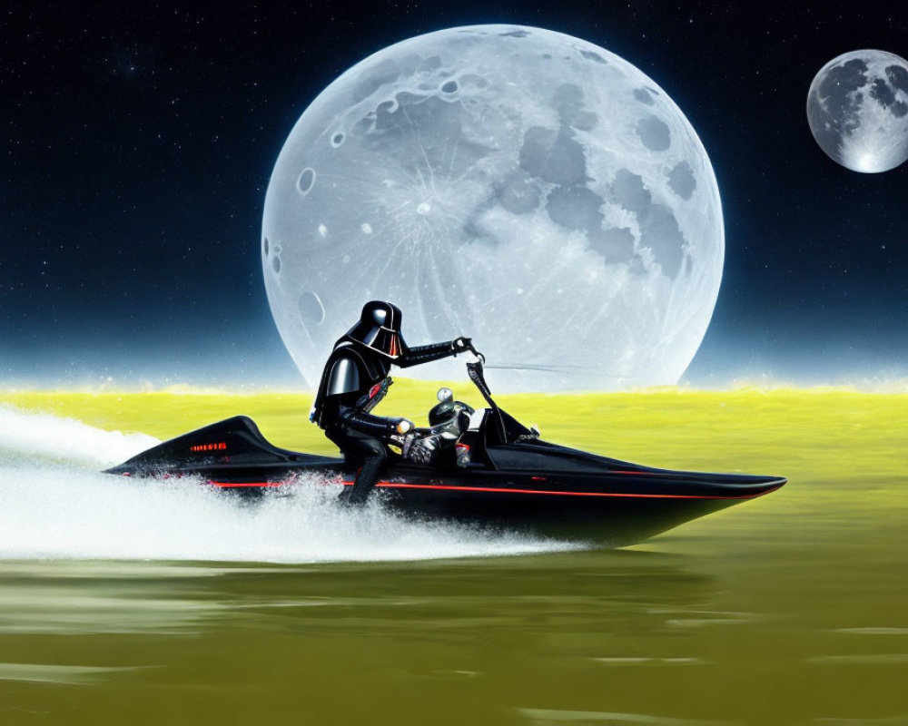 Space-themed characters on jet ski under moon & stars