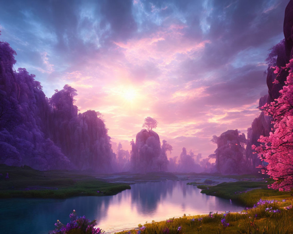 Vibrant pink flora, tranquil waters, majestic cliffs: serene fantasy landscape