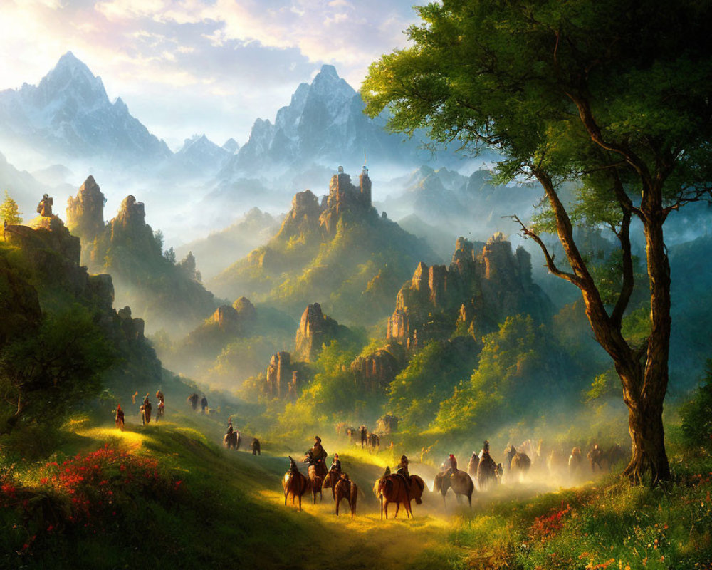 Riders on path through sunlit valley with mountains and castle