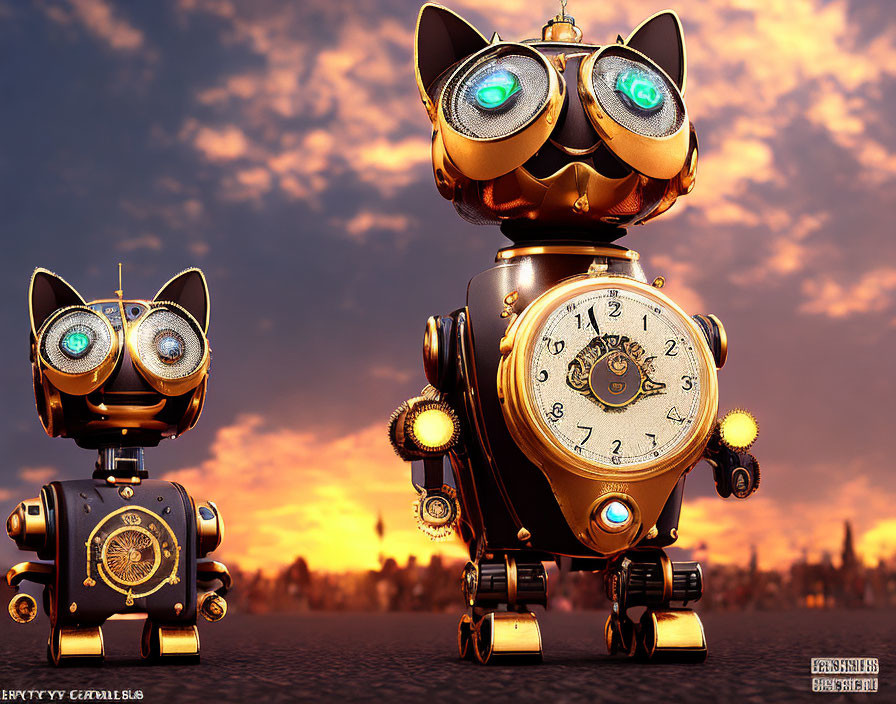 Steampunk-style robotic owls at sunset sky