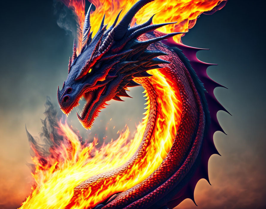 Blue-scaled dragon breathing flames in dramatic sky