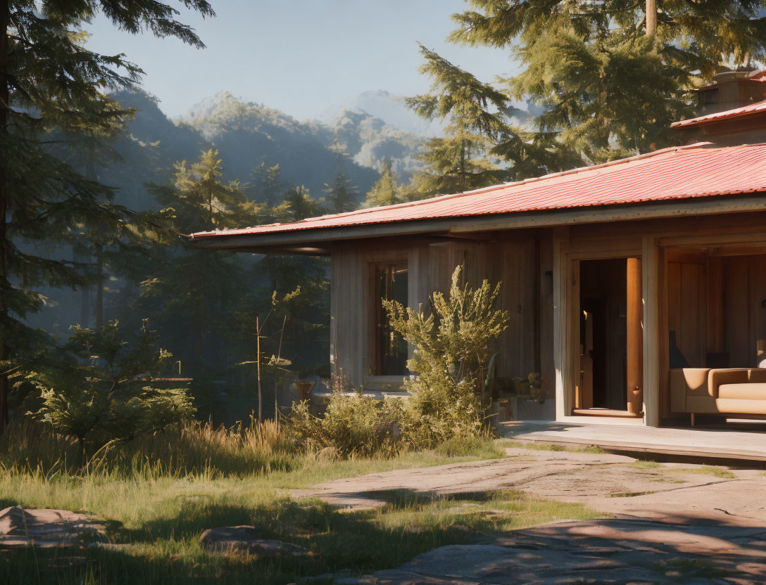 Glass facade cabin nestled among lush trees with distant mountains.