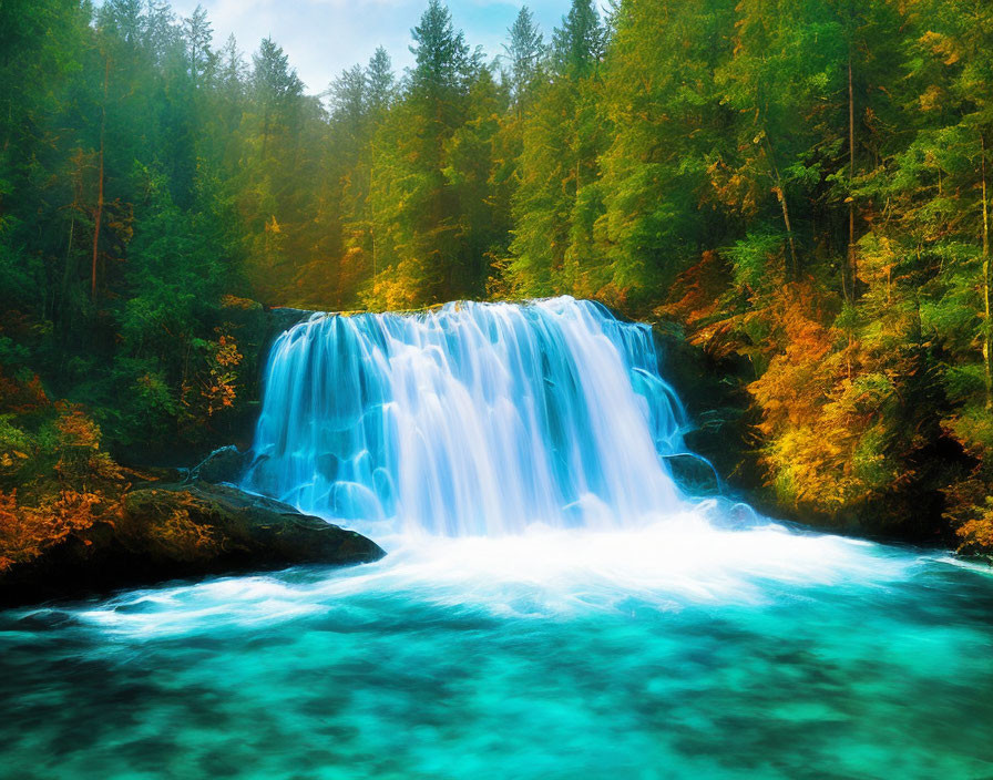 Vibrant blue waterfall in lush green forest landscape