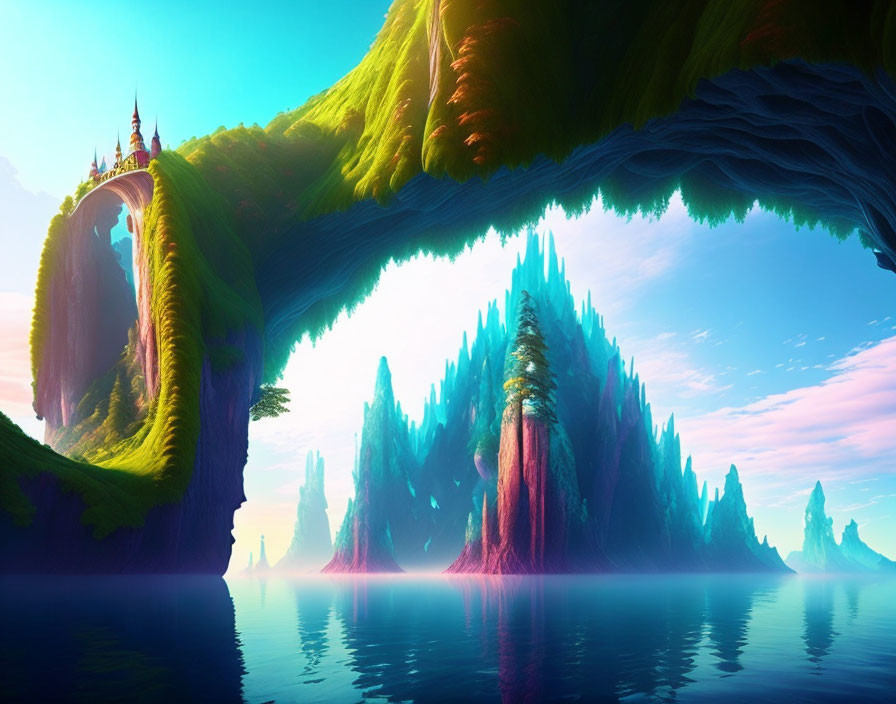 Fantasy landscape with green cliff arch, castle, and crystalline mountains reflected in water