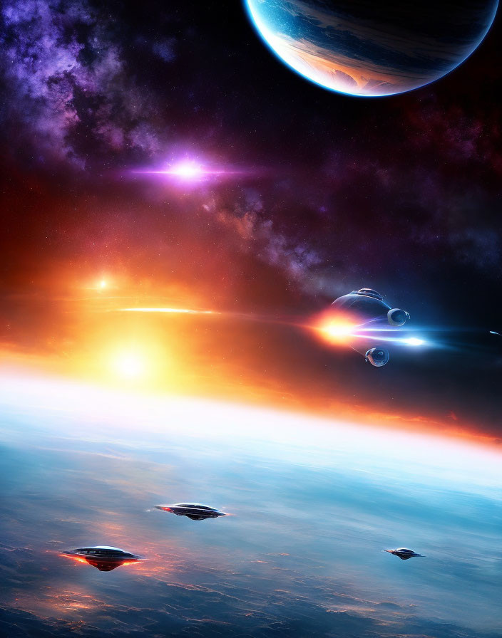 Colorful space scene with spaceships, planet, sun, and nebulas.