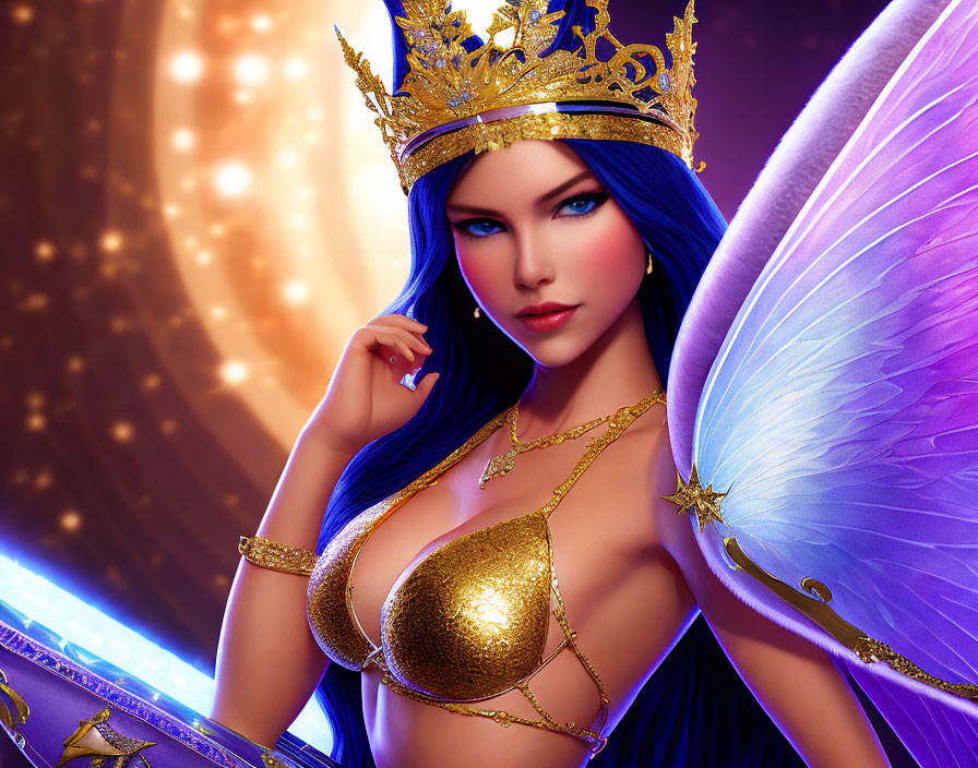 Fantasy female character with blue hair and gold crown in digital artwork