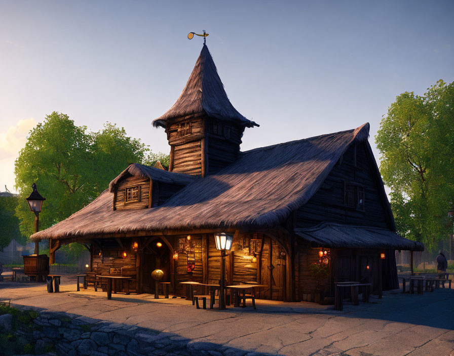 Rustic wooden tavern with thatched roof and lantern-lit windows