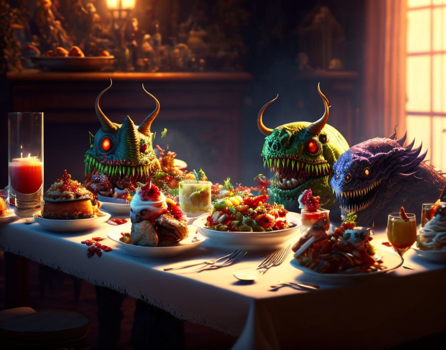 Fish-like fantasy creatures dining at a table with food and juice in warm lighting