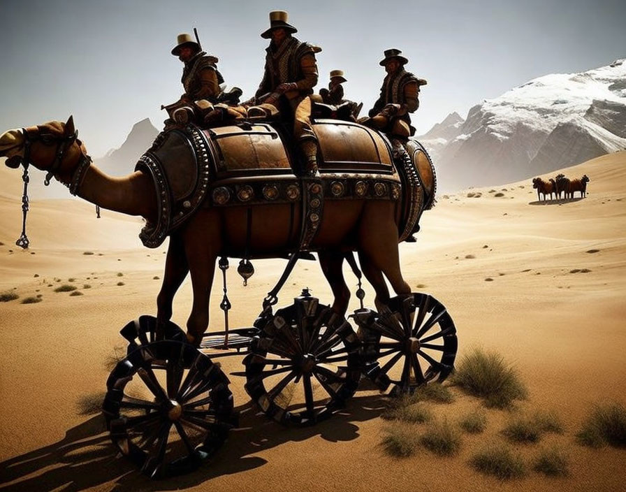 People riding camel-driven carriage in desert with snowy mountain.