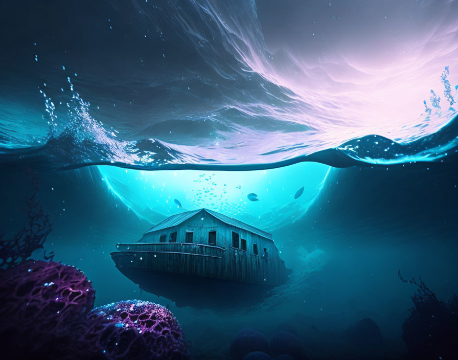 Sunken house surrounded by marine life in split-level underwater scene