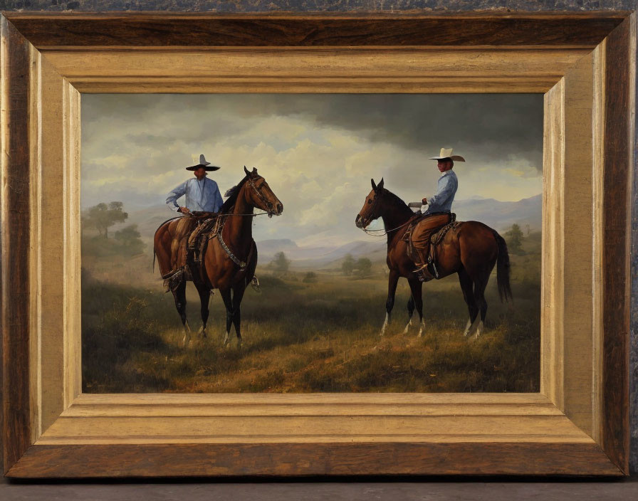 Two cowboys on horseback in grassy field, wooden frame.