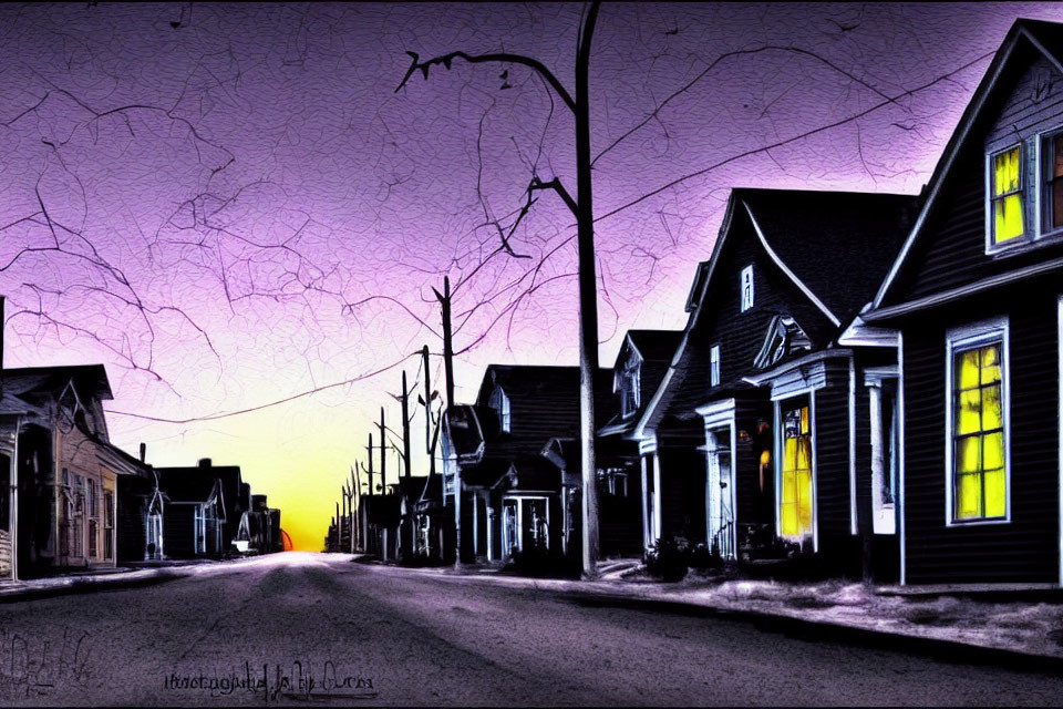 Digital artwork: Quiet suburban street at dusk, houses, bare tree, purple sky