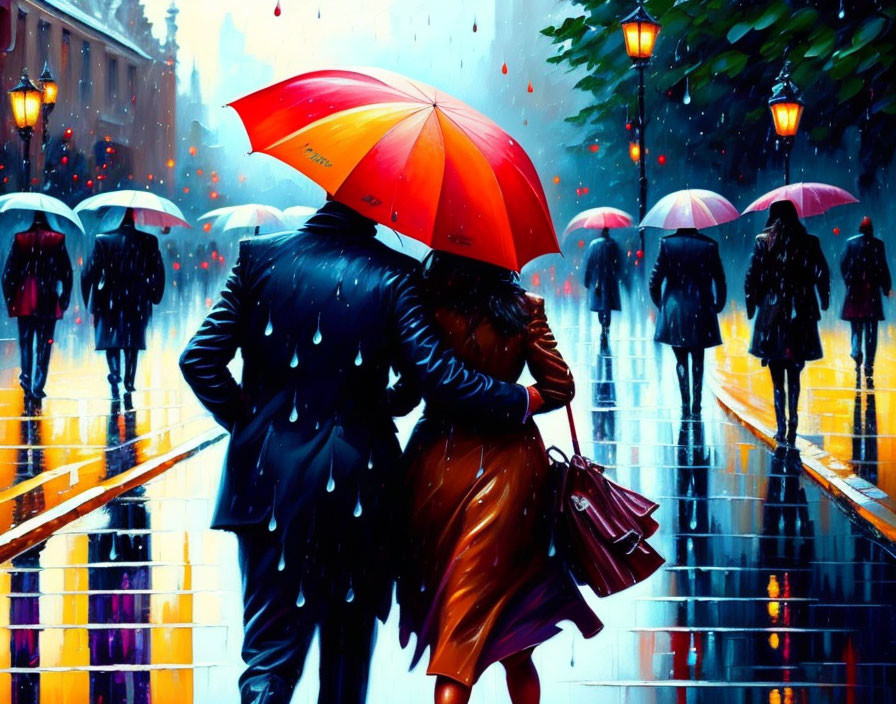 Colorful painting of couple under red umbrella in rainy city scene