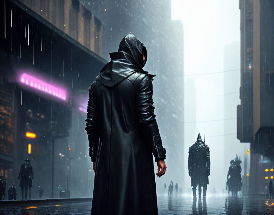 Person in Black Leather Coat Stands in Neon-Lit Rainy City Street