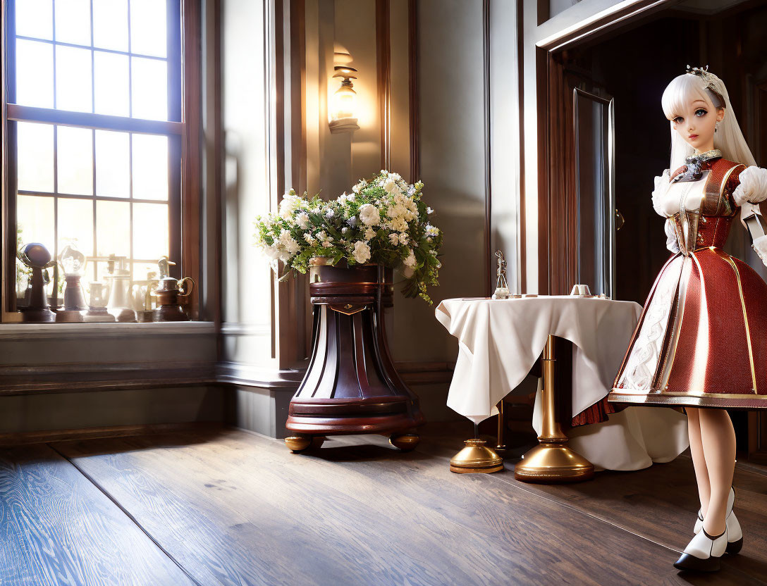 Photorealistic doll in medieval costume in elegant vintage room