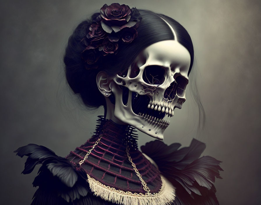 Surreal portrait: human skull with elegant, feminine attire and dark floral accents