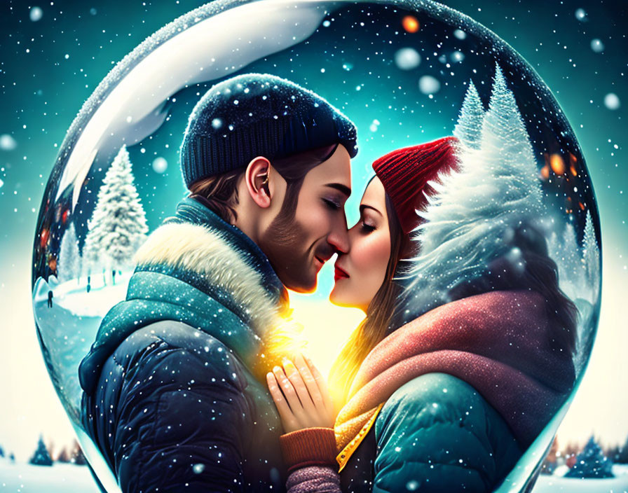 Couple kissing in bubble amid snowy winter scene