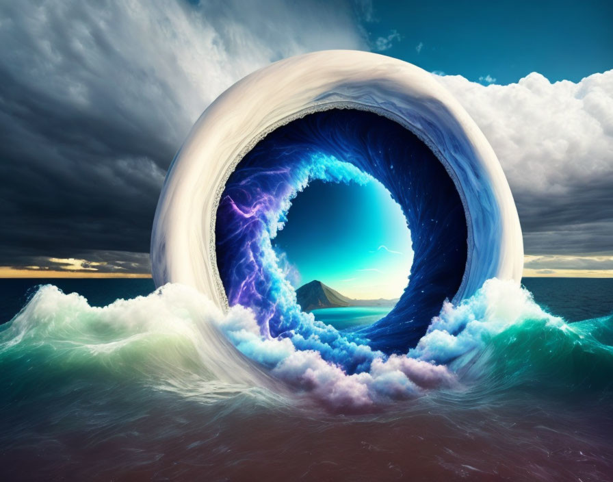 Surreal image: massive wave curling into circular tunnel with serene island scene against dramatic sky