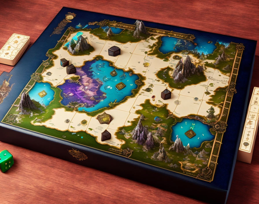 Fantasy map-themed board game on wooden table with dice and cards