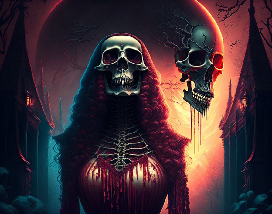 Skull-headed figure with ornate skeletal torso and red hair in gothic setting