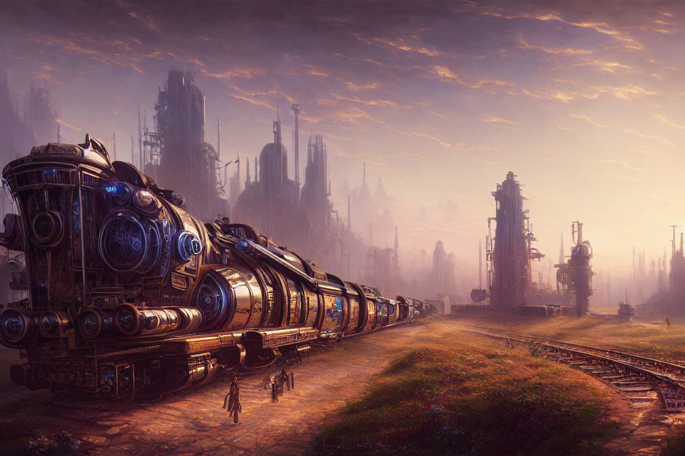 Elaborately designed futuristic train on industrial tracks at sunrise or sunset