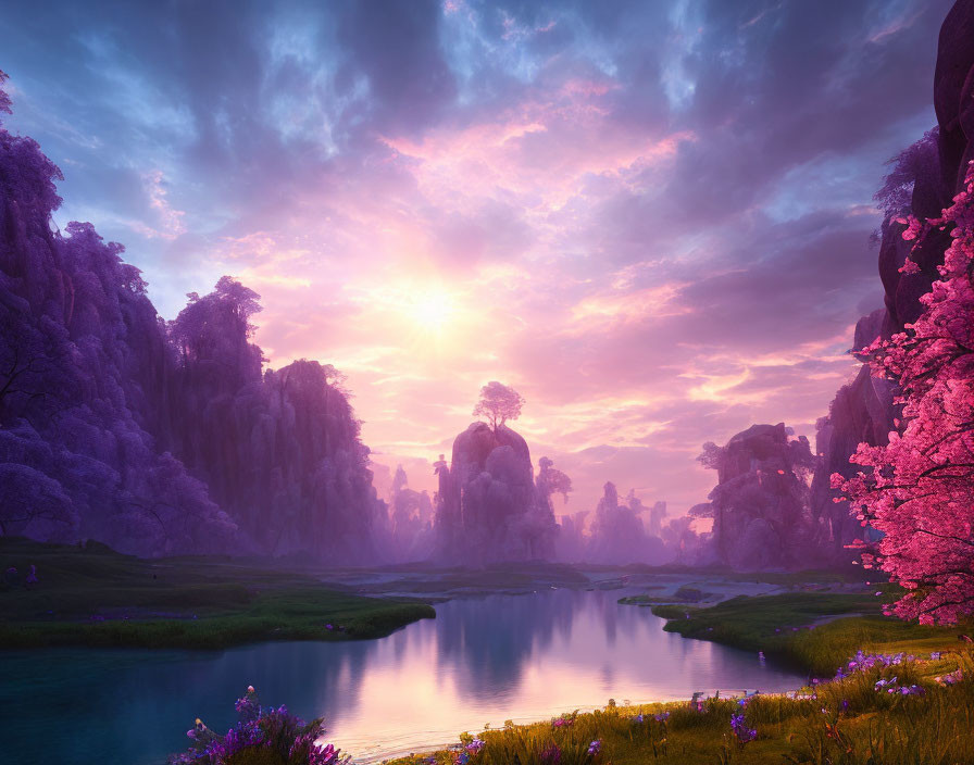 Vibrant pink flora, tranquil waters, majestic cliffs: serene fantasy landscape