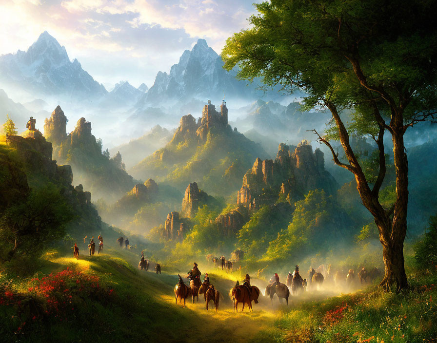 Riders on path through sunlit valley with mountains and castle