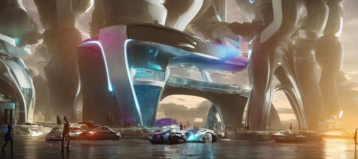 Futuristic cityscape with sleek vehicles and neon accents