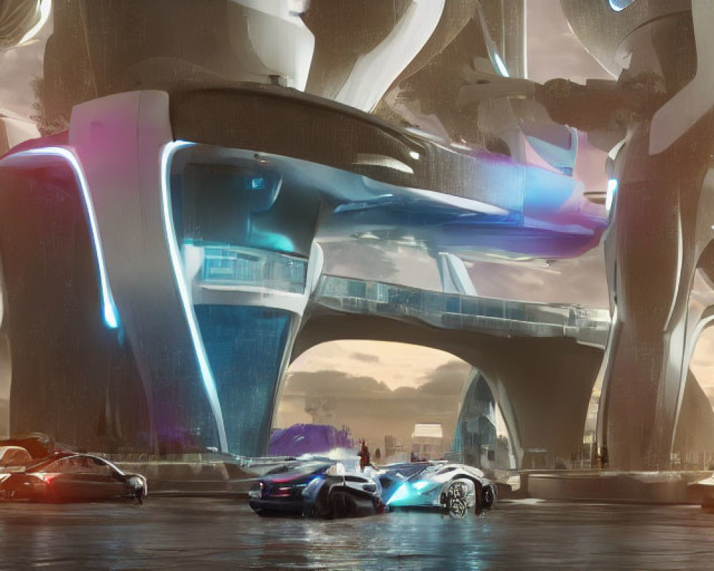 Futuristic cityscape with sleek vehicles and neon accents