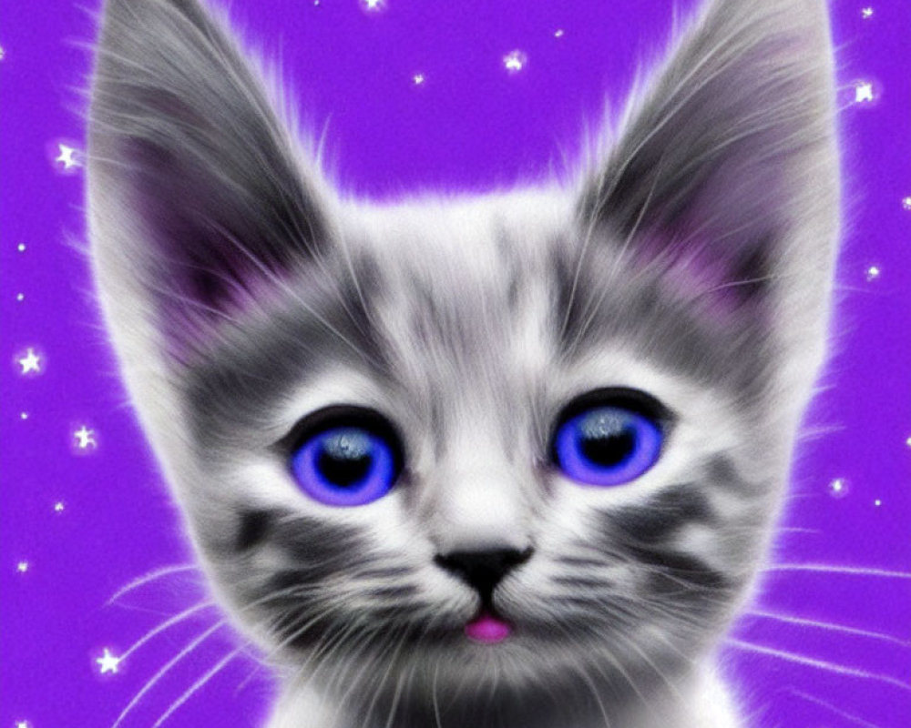 Blue-eyed kitten digital art on purple star background