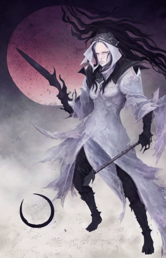 Illustrated fantasy character with long hair, cloak, and magical staff under pink moon.