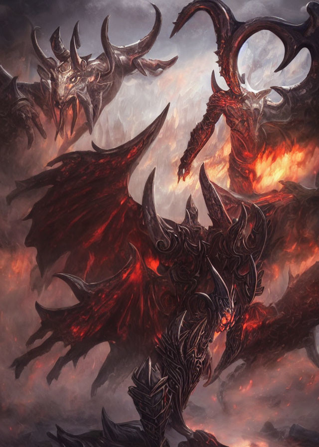 Fiery demonic entities with large wings and menacing horns in a hellish setting