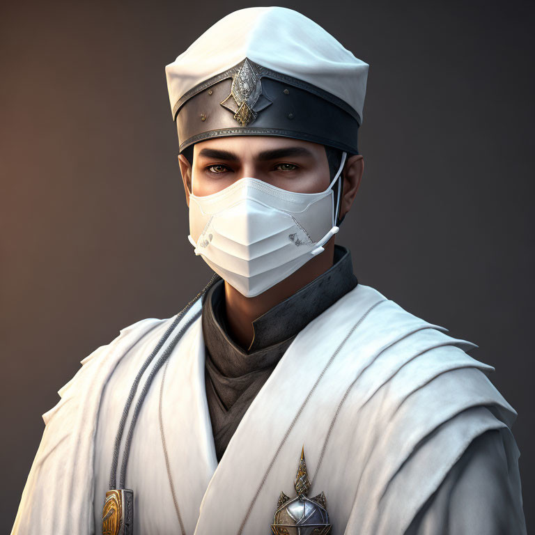 Man in stylized white military uniform with cap and face mask and badges