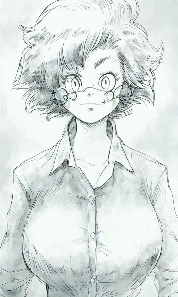 Monochrome sketch of stylish female character with spiky hair and glasses in buttoned shirt