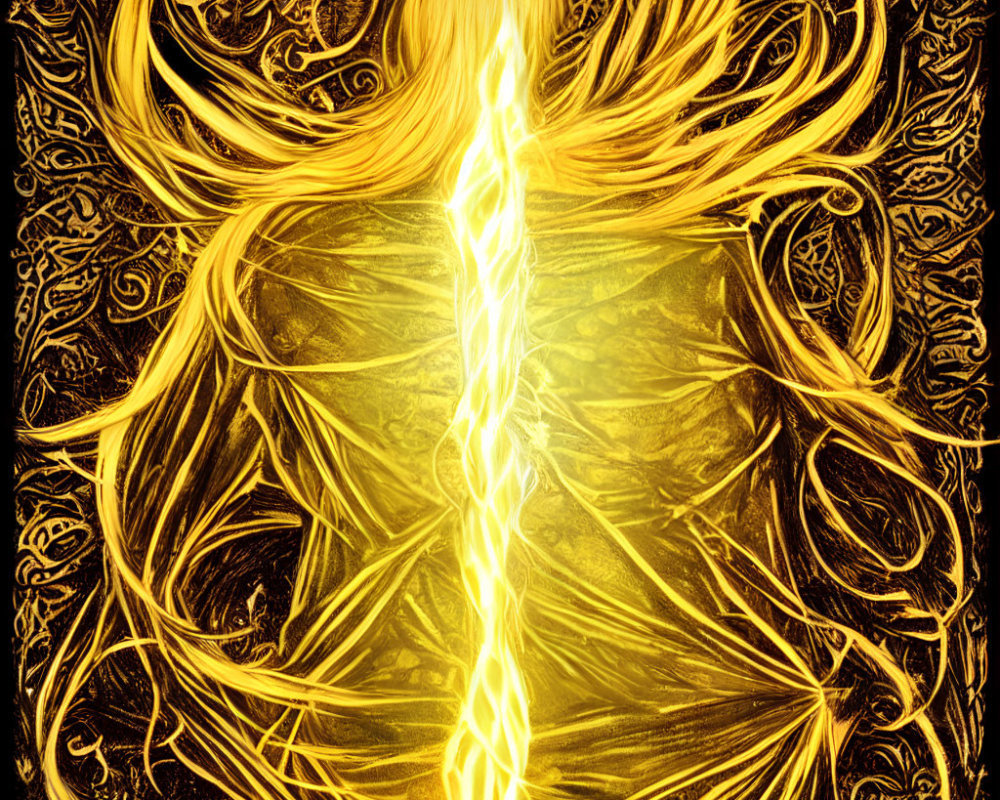 Golden-haired ethereal figure with ornate patterns on dark background